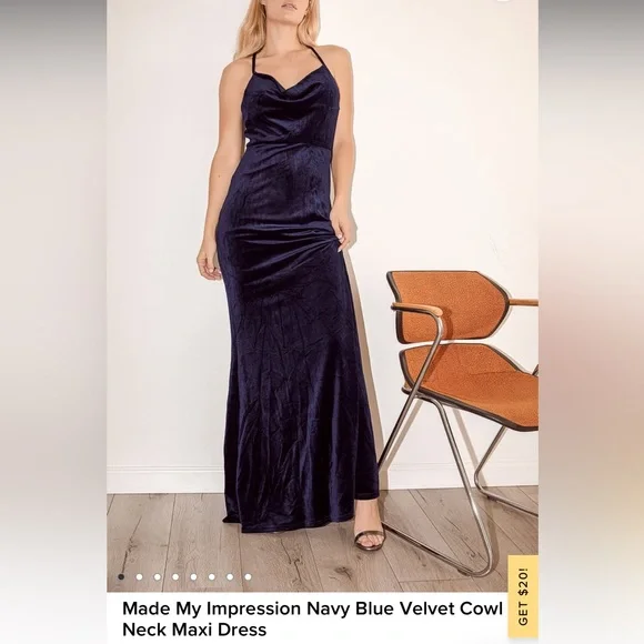 Made My Impression Navy Blue Velvet Cowl Neck Maxi Dress